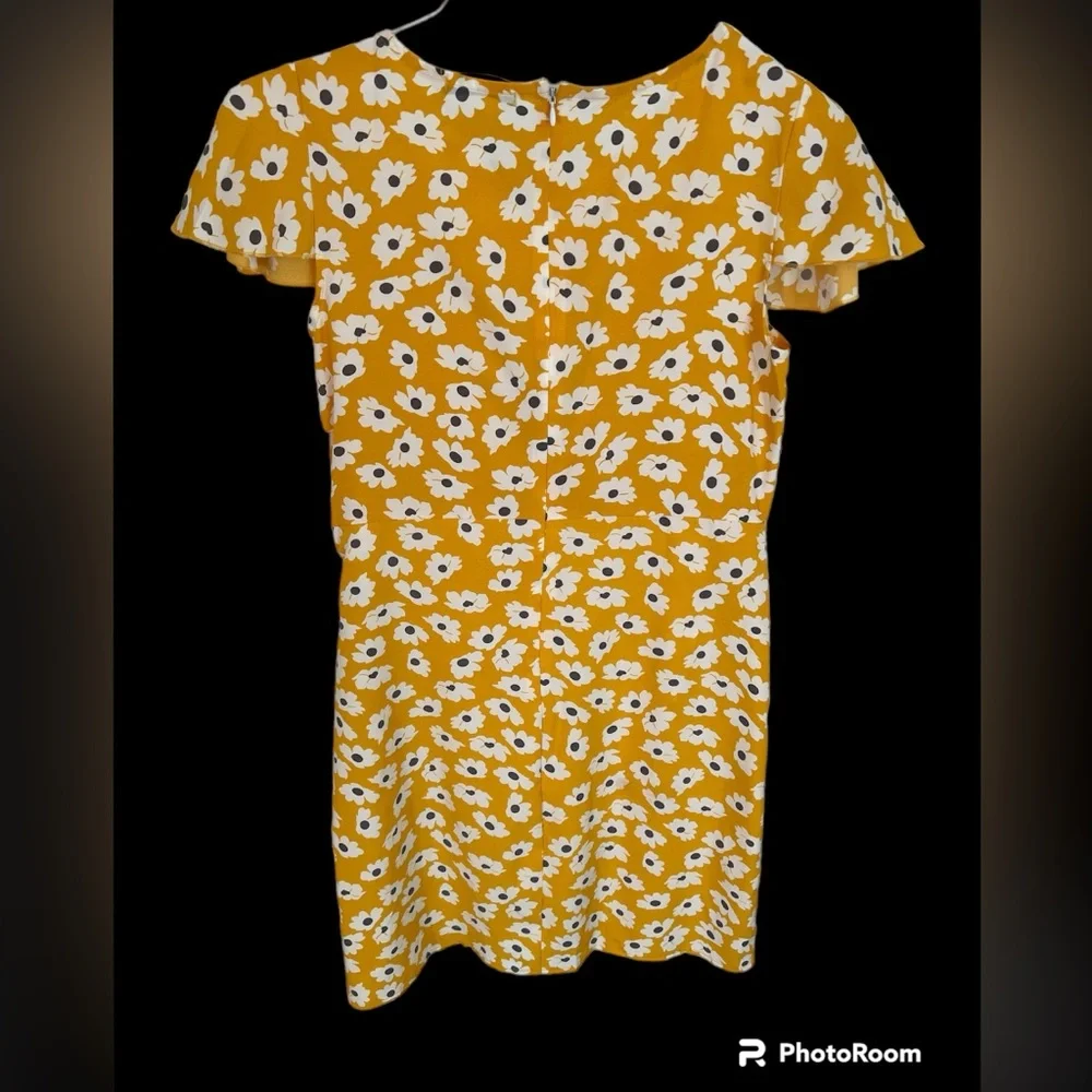 Shein Yellow With White Flowers Dress Size XS Short Sleeve With Faux‎ Wrap - Picture 3 of 4
